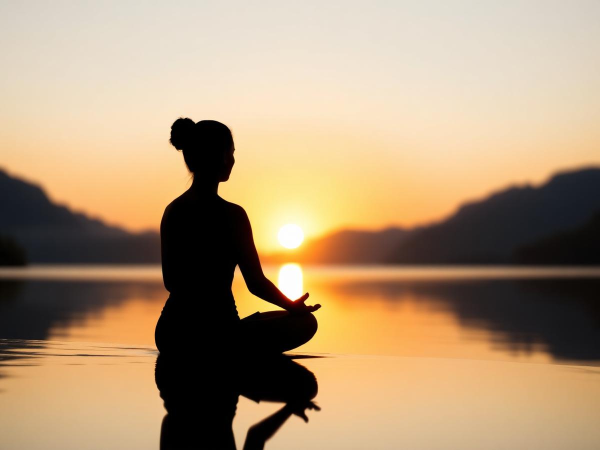 Silhouette meditating at sunrise by calm water