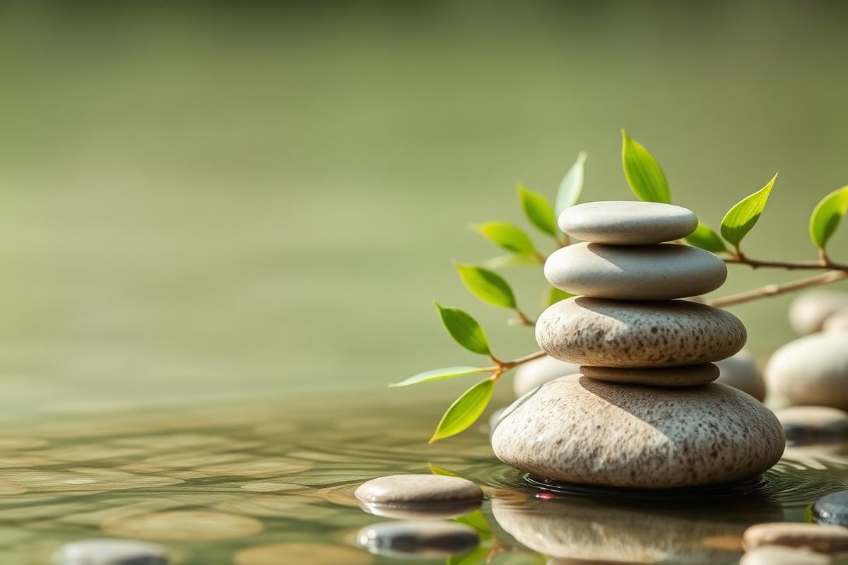 Balanced zen stones with green leaves beside water